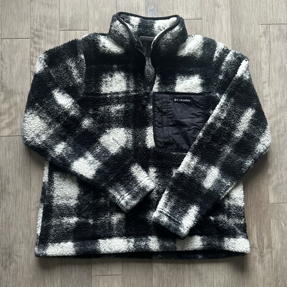 Columbia Plaid Black and White‎ Fleece Sweater Large